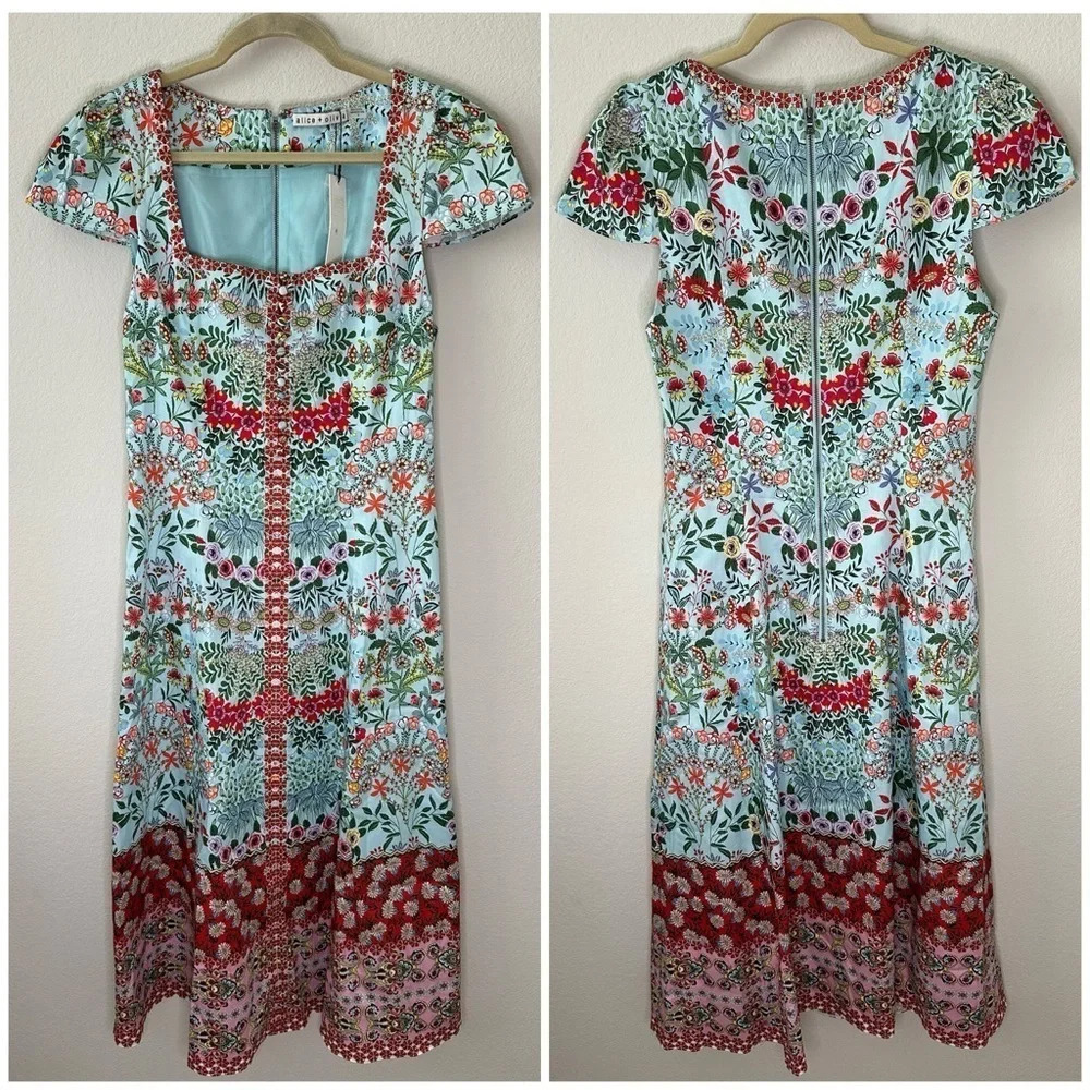 Alice + Olivia Floral Patchwork Midi Dress in Light Blue and Rust - Picture 2 of 10